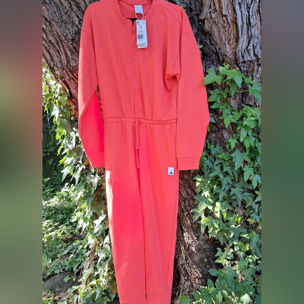 Adidas Womens Valentines Day Red Jumpsuit Cotton Blend Pockets Size Small
